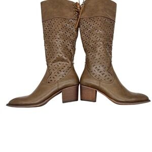 WANTED women 8 Brown Faux Leather Laser Cut Lace Up Tall Knee High Boots